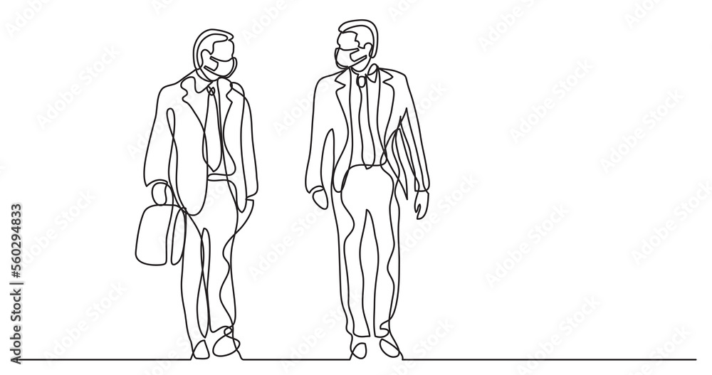continuous line drawing two walking businessmen wearing face mask - PNG image with transparent background continuous line drawing two walking businessmen wearing face mask - PNG image with transparent background