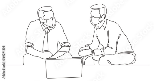 continuous line drawing two businessmen sitting talking wearing face mask - PNG image with transparent background