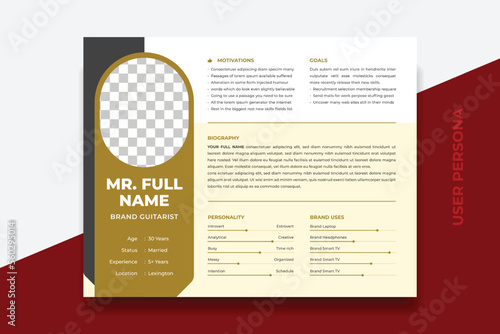 User Persona Document Template Vector Illustration. Examples of User Personas template. Persona Document. Persona Template for UI UX designer. User Persona vector horizontal template with double color