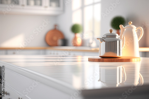 Copy space of luxury table top counter on blur kitchen abstract background. Food and product presentation. Generative Ai