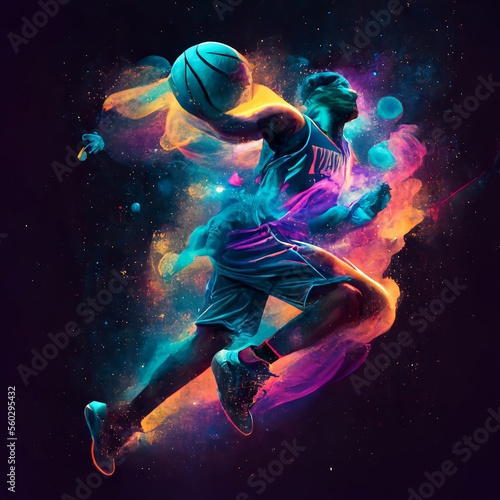 Neon-lit Basketball Player Jumping Among Galaxies: Generated by AI