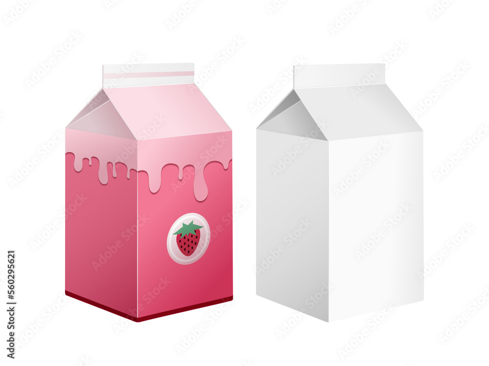 Karton na mleko, sok, napój roślinny lub inny. Białe kartonowe opakowanie oraz opakowanie w różowym kolorze z nadrukiem truskawki.. Wzór pudełka do wykorzystania w wizualizacji projektu. - obrazy, fototapety, plakaty 