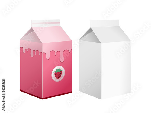 Karton na mleko, sok, napój roślinny lub inny. Białe kartonowe opakowanie oraz opakowanie w różowym kolorze z nadrukiem truskawki.. Wzór pudełka do wykorzystania w wizualizacji projektu.