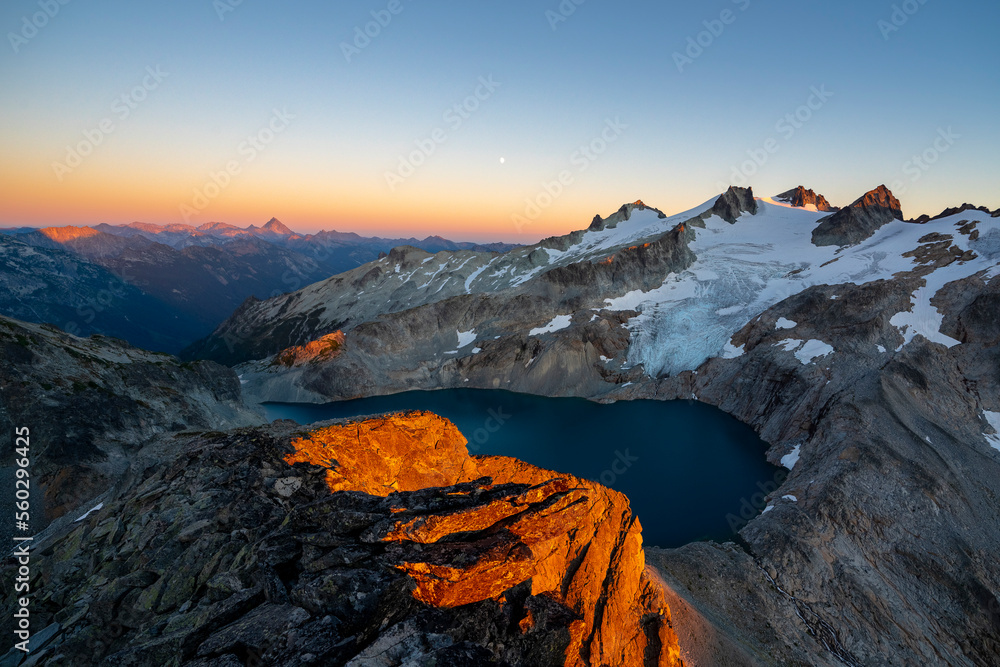 Sunset over Pea Soup Lake with Mount Daniel in the background from Dip Top Peak