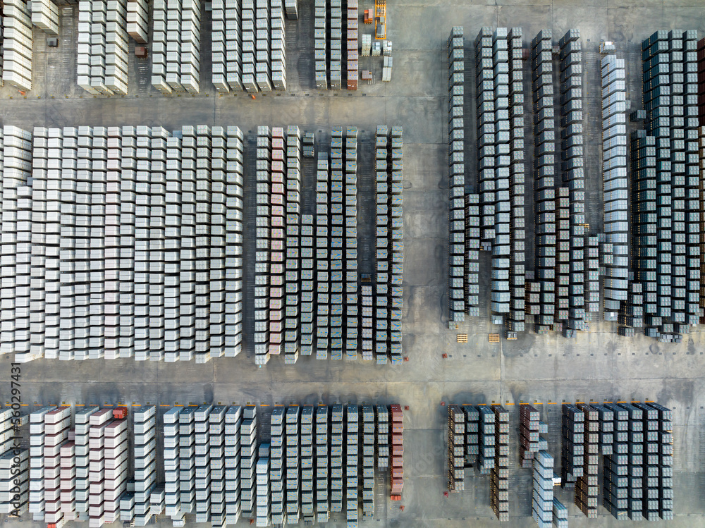 Aerial top view drywall gypsum boards at factory warehouse, building