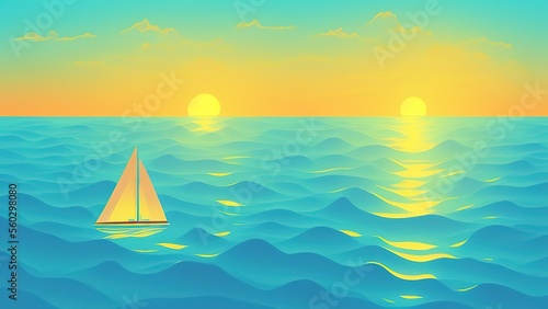 Photographie Cartoon Color Sunset or Sunrise Boat and Ocean Landscape Scene Concept Flat Design Style