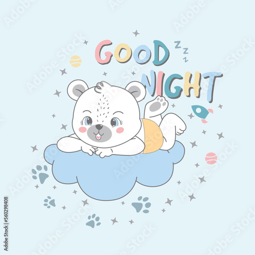 vector illustration of good night cute bear on a cloud