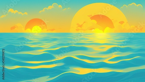 Fotografiet Cartoon Color Sunset or Sunrise Boat and Ocean Landscape Scene Concept Flat Design Style