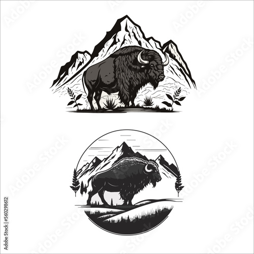 buffalo or Bison and Rocky Mountain Logo Design Vector