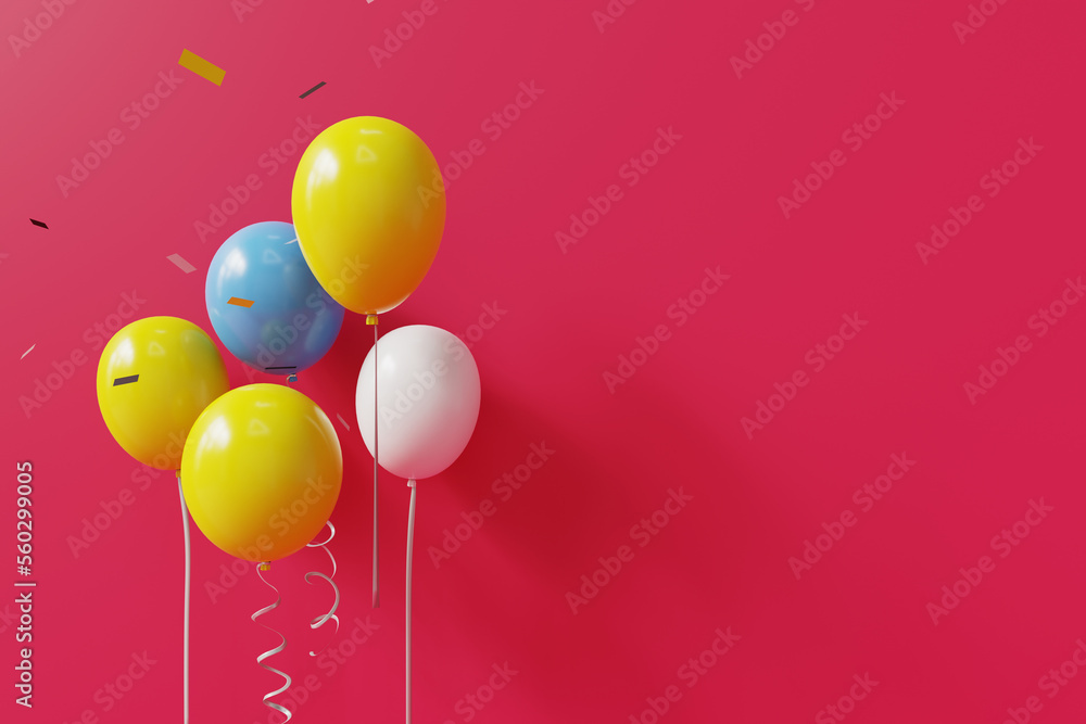 yellow balloons infront of red wall, 3d rendering