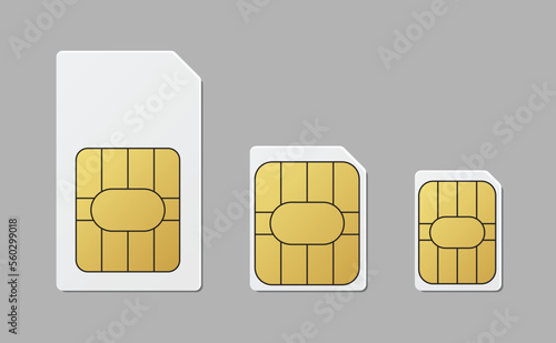 Sim card size in standard, micro and nano mobile phone technology network connection