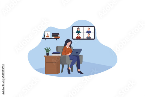Business people having video conference with colleagues while staying at home illustration