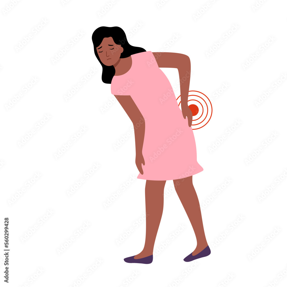 Black woman having low back pain in flat design on white background. Backache symptom. Muscle or bone problem. Black woman having low back pain in flat design on white background. Backache symptom. Muscle or bone problem.