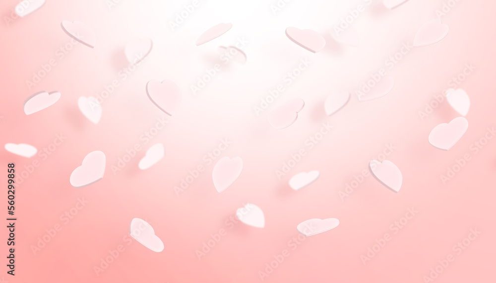 Falling pink hearts on pink background. Soft and sweet pastel color palette. Valentines day and wedding concept for banner, template, wallpaper, poster. 3D Illustration.