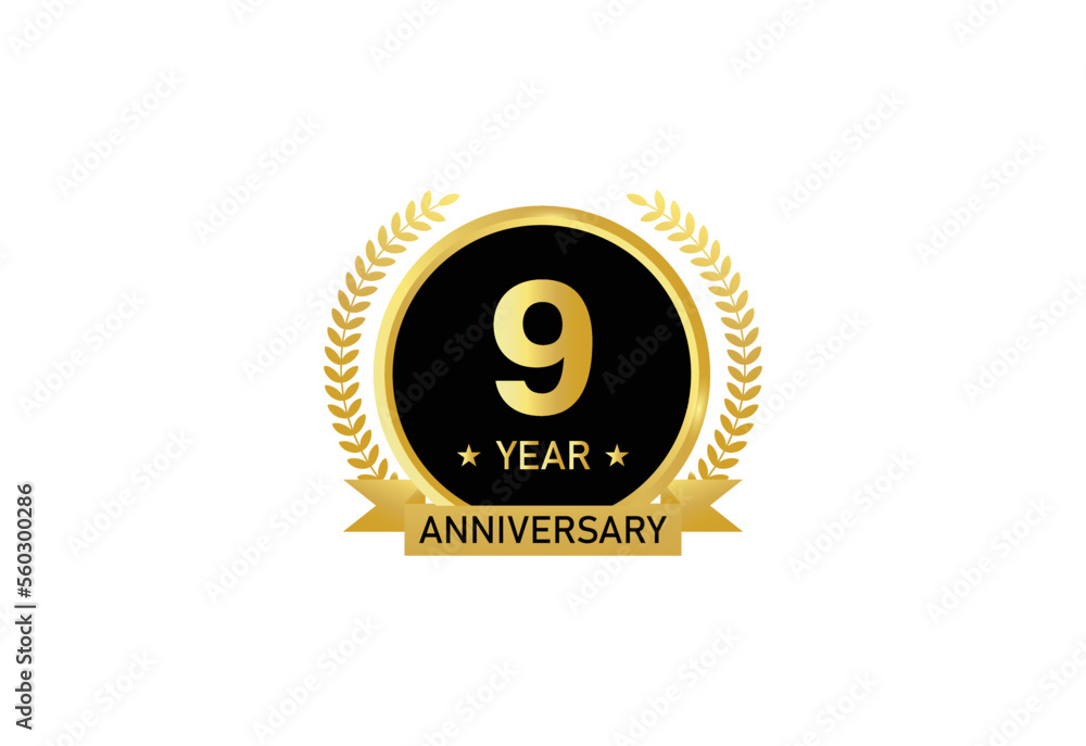 Fototapeta premium 9 year anniversary celebration. Anniversary logo with ring and elegant golden color isolated on white background, vector design for celebration.