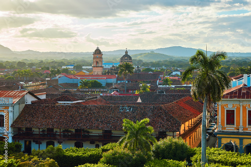 Leinwand Poster Beautiful view of city of Granada, Nicaragua with The Iglesia de La Merced Churc