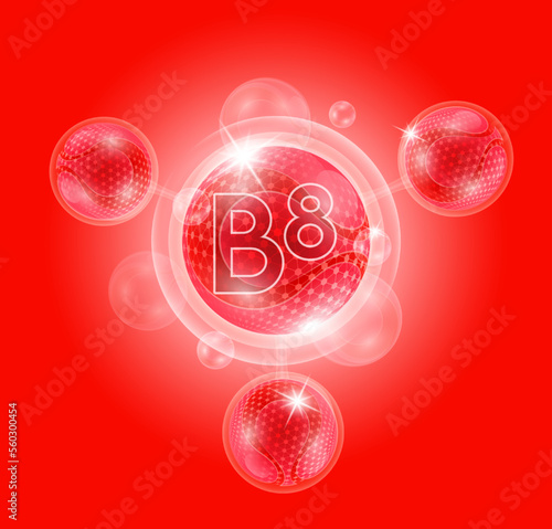 Vitamin B8 and bubble atom molecule collagen serum chemical formula shield protection skin. Skincare anti age nutrition supplement multivitamin complex. On red background. 3D vector.