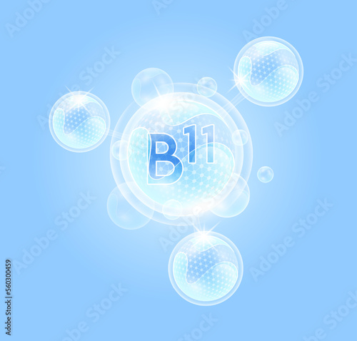 Vitamin B11 and bubble atom molecule collagen serum chemical formula shield protection skin. Skincare anti age nutrition supplement multivitamin complex. On blue background. 3D vector.