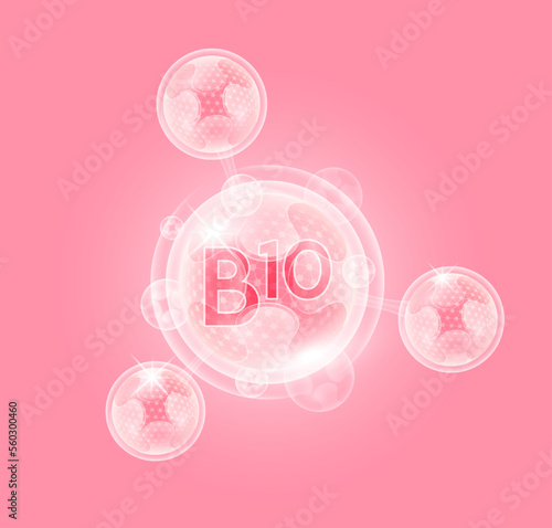 Vitamin B10 and atom molecule collagen serum chemical formula pink with oxygen bubble. Shield protection skin care anti age. Nutritional supplement multivitamin complex. 3D vector.