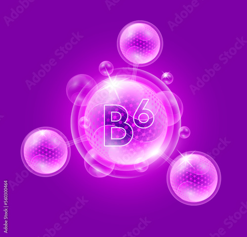 Vitamin B6 and bubble atom molecule collagen serum chemical formula shield protection skin. Skincare anti age nutrition supplement multivitamin complex. On purple background. 3D vector.