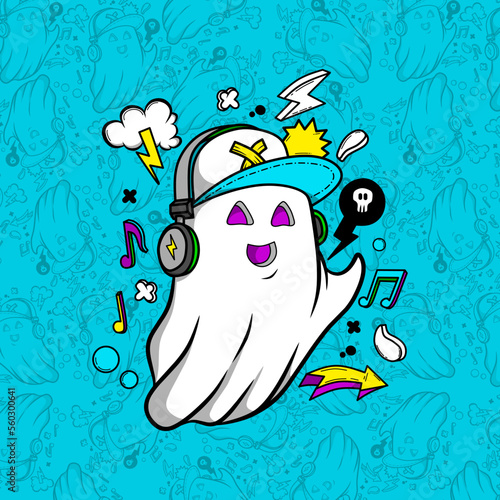 Ghost Design Using Headphones with a Blend of Hip Hop and Cool Background.Designs Concept for T-shirts, Tattoos, Stickers, Gaming Logos or Posters.