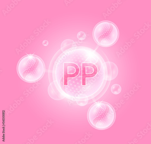 Vitamin PP and atom molecule collagen serum chemical formula pink with oxygen bubble. Shield protection skin care anti age. Nutritional supplement multivitamin complex. 3D vector.