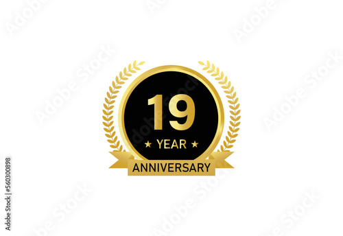 19 year anniversary celebration. Anniversary logo with ring and elegant golden color isolated on white background, vector design for celebration.