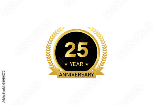 25 year anniversary celebration. Anniversary logo with ring and elegant golden color isolated on white background, vector design for celebration.