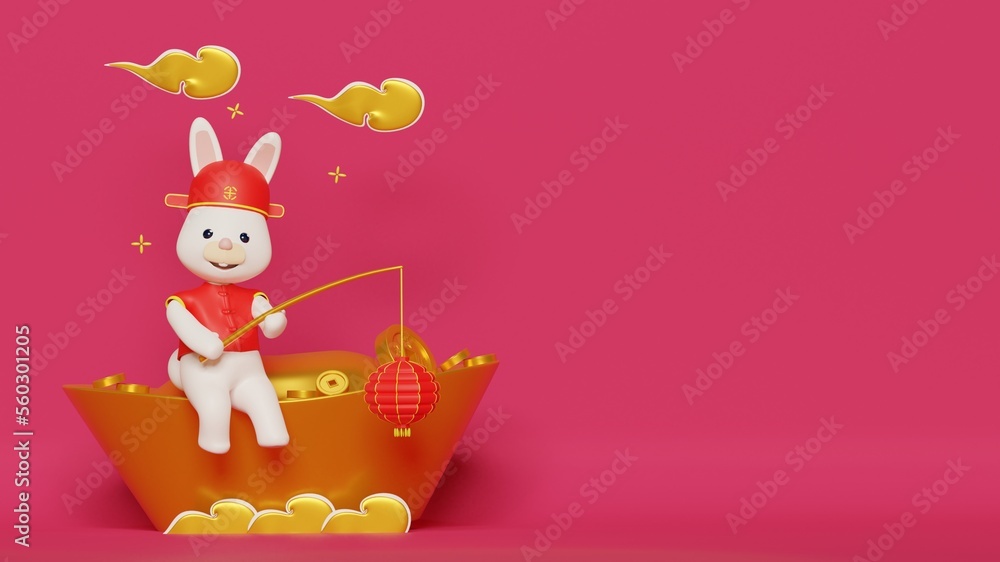 Naklejka premium Chinese new year 2023 background with a rabbit sitting on gold