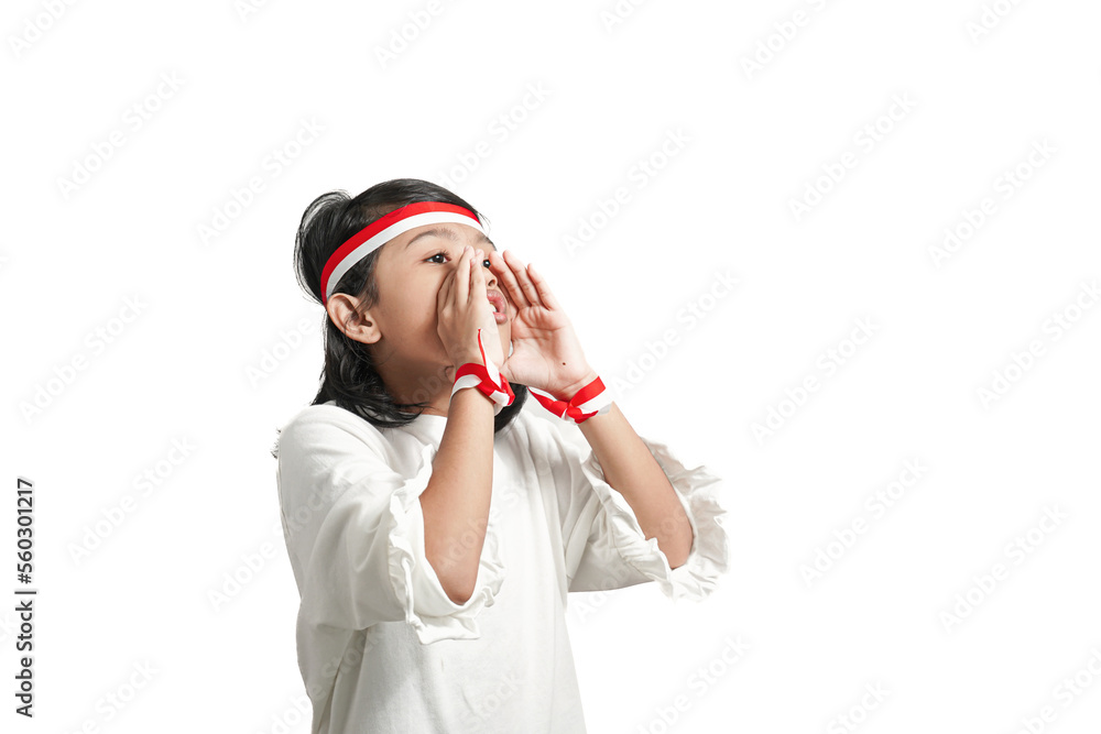 Asian girl with indonesian independence concept whispering something giving announcement. Isolated by white background. Asian girl with indonesian independence concept whispering something giving announcement. Isolated by white background.