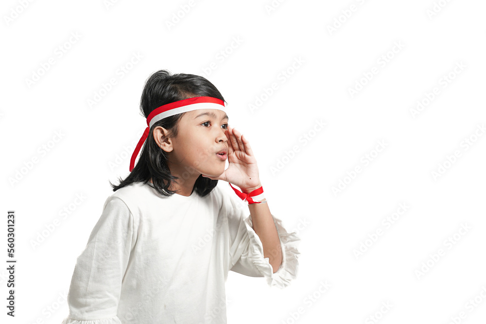 Asian girl with indonesian independence concept whispering something giving announcement. Isolated by white background. Asian girl with indonesian independence concept whispering something giving announcement. Isolated by white background.