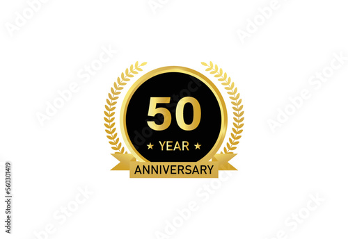 50 year anniversary celebration. Anniversary logo with ring and elegant golden color isolated on white background, vector design for celebration.