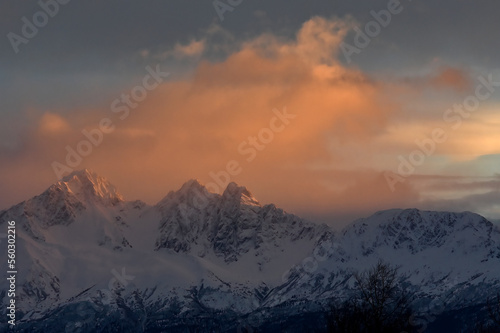 Cloudy pastel sunset in the mountains of Alaska.
