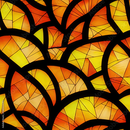 Seamless pattern of a stained-glass window with orange and yellow hues. Autumn tessellation