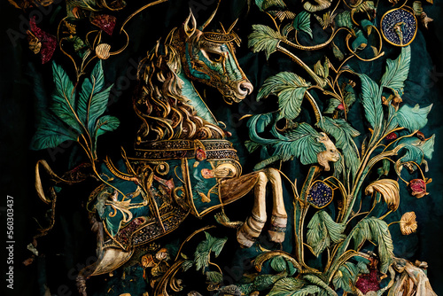 Medieval embroidery inspired by heroic fantasy ornate colorful rich royal gold and elegant mattepainting