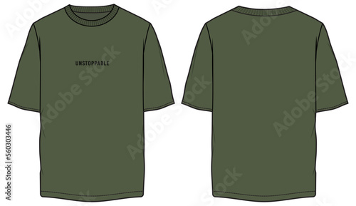 Oversized boxy T shirt men and women unisex short sleeve crew neck wide baggy T shirt flat sketch vector illustration front and back view technical CAD drawing template.