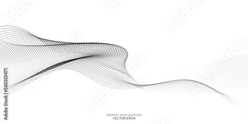 Flowing dots particles wave pattern halftone black gradient curve shape isolated on white background. Vector in concept of technology, science, music, modern.