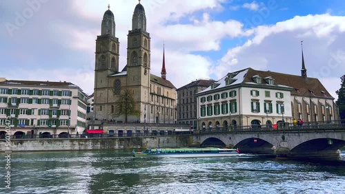 Grossmunster against the Limmat River, Zurich, Switzerland photo