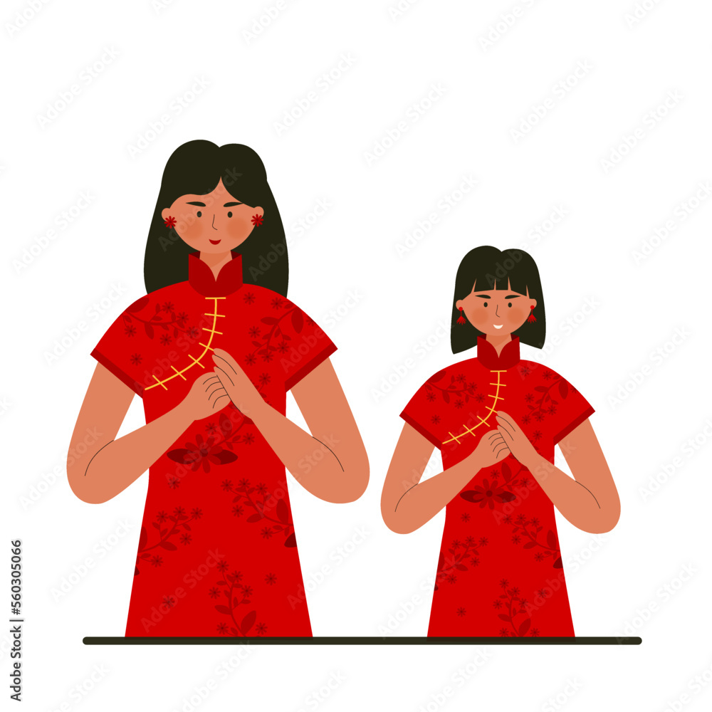 Portrait chinese girls celebrate chinese new year or lunar new year. Flat design character of chinese girl vector illustration