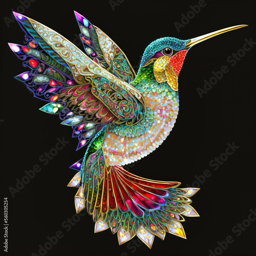 Stained Glass Hummingbird on a Black Background. Created with Generative AI Technology	