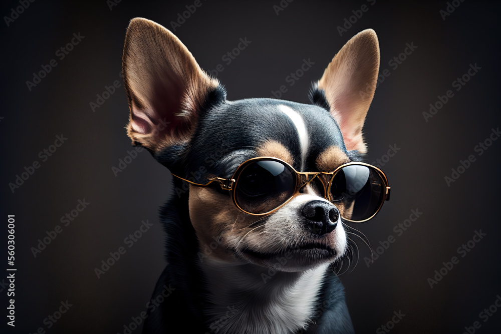 Illustration portrait of a chihuahua dog wearing sunglasses on dark background. Generative ai
