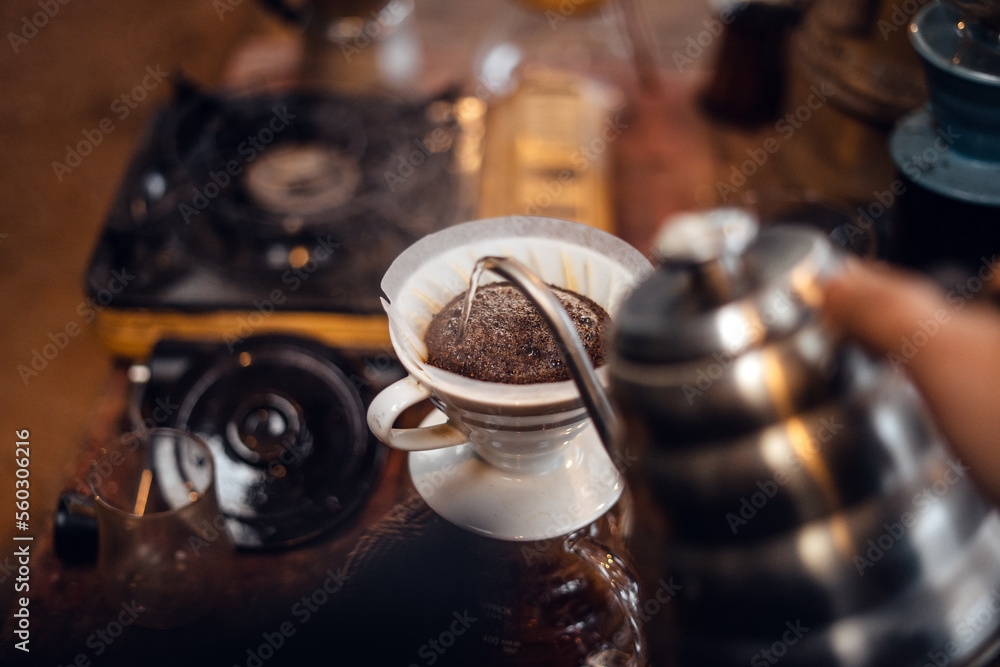 Closeup of hands barista make coffee Closeup of hands barista make coffee