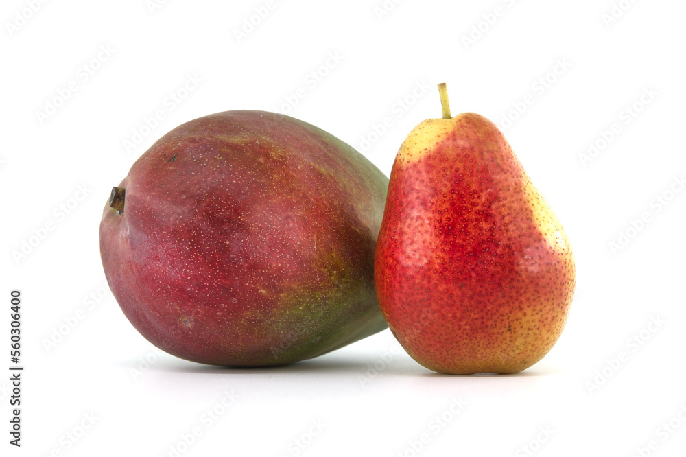 Whole ripe mango and pear isolated on white Whole ripe mango and pear isolated on white