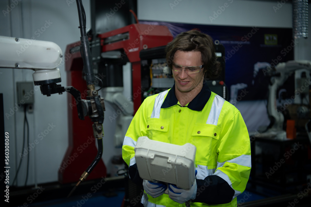 A big welding robot is being inspected and controlled by a robotics engineer. After the machine has been used for the specified amount of time. A big welding robot is being inspected and controlled by a robotics engineer. After the machine has been used for the specified amount of time.