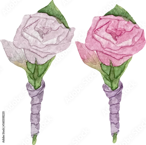 Watercolor boutonnieres with purple and pink roses and leaves. Floral boutonniere for groom wedding accessories