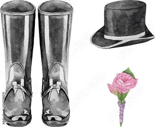 Watercolor set with groom wedding accessories: black wellies boots, cap, boutonniere, bow tie