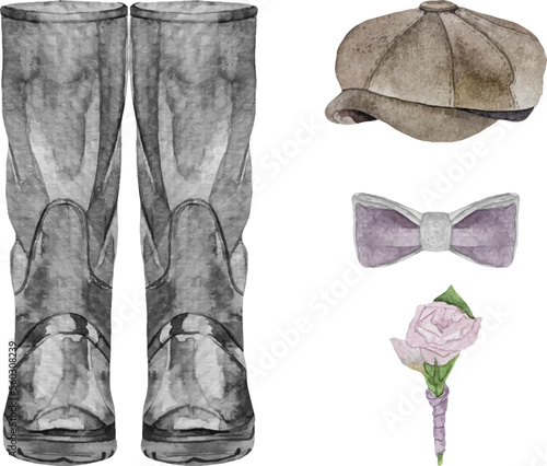 Watercolor set with groom wedding accessories: black wellies boots, cap, boutonniere, bow tie