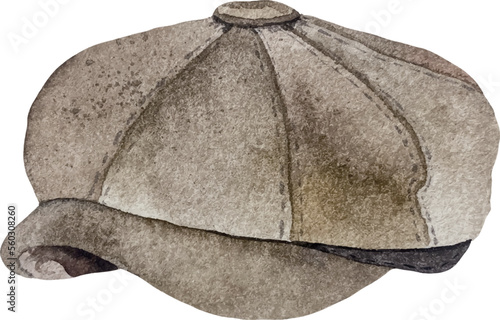 Watercolor classic dark brown cap. Fashion headwear for gentlemen in vintage style.