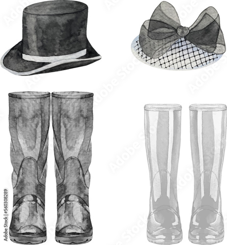 Set of watercolor wedding bride and groom accessories: wedding classic cylinder hat and white and black wellies boots