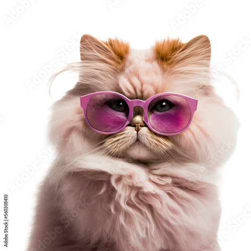 Adorable cream-colored Persian cat wearing pink sunglasses. Generative AI.